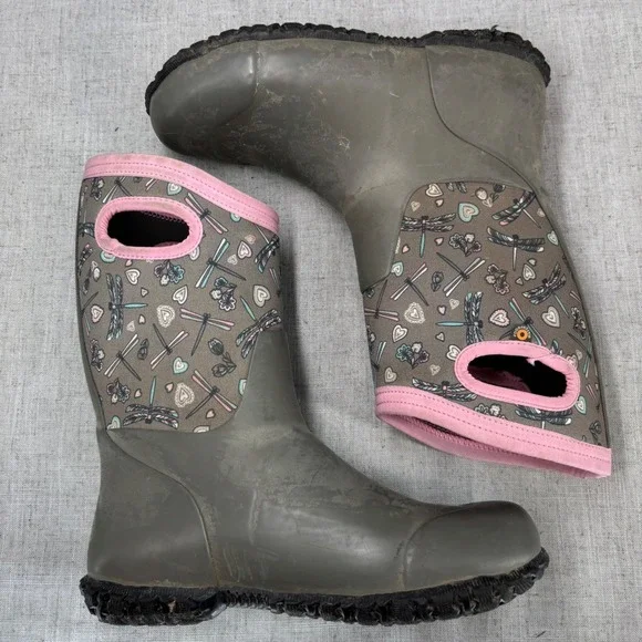 Bogs Boots Grey Pink Dragonfly Rain Boots Waterproof insulated Youth Size 6 - Picture 10 of 10